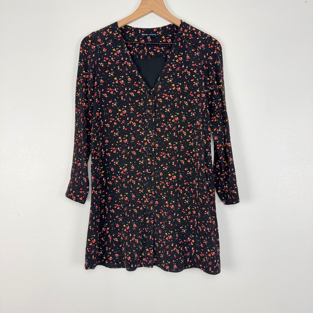 Madewell et‎ Sezane Elly Silk Mini Dress XXS Black Floral Print V Neck Parisian - Picture 2 of 14